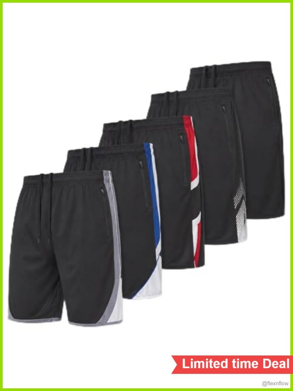 5 Pack Men's Athletic Shorts Loose Fit 10" Inseam Dry-Fit Zip Pockets